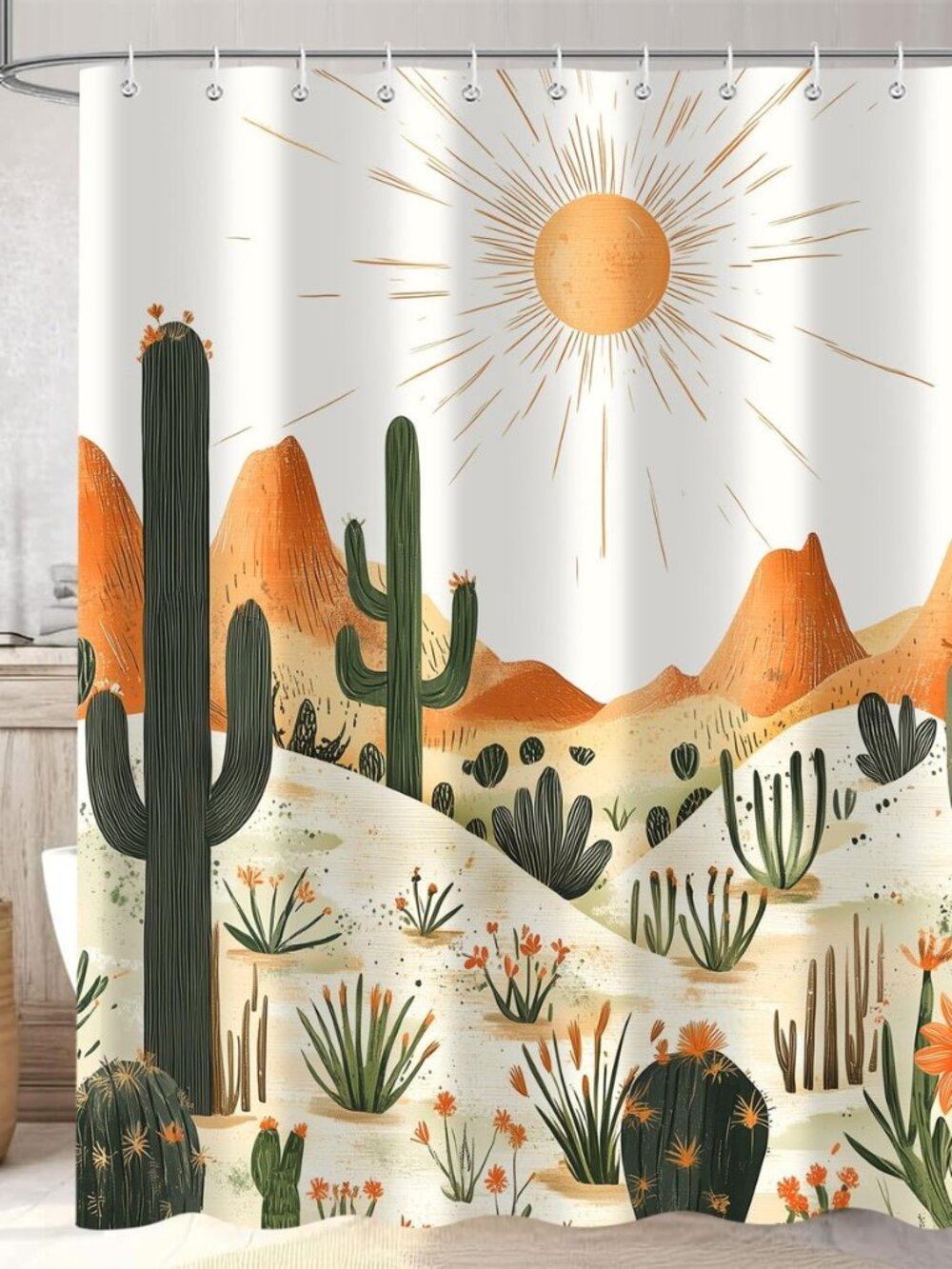 Desert Cactus Shower Curtain, Boho Western Mountain Sun Landscape Shower